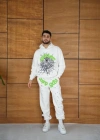 Erkek Kapüşonlu Eşofman Takım Örümcek Ağı Ve Neon Yeşil Baskılı Kanguru Cepli Oversize Rahat Kalıp, Premium Üç İplik Kumaş  Beyaz