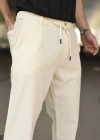 Erkek Keten Cepli Pantolon astikli Bel Bağcıklı Önden Fermuarlı  Krem