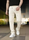 Erkek Keten Cepli Pantolon astikli Bel Bağcıklı Önden Fermuarlı  Krem