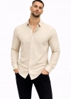 Erkek KETEN Kumaş Oversize Uzun Kollu Rahat Kalıp Gömlek  Bej