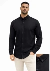 Erkek KETEN Kumaş Oversize Uzun Kollu Rahat Kalıp Gömlek  iyah