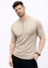 Erkek Kısa Kol Fitilli Triko Thirt Yazlık Hakim Yaka Tişört  Bej