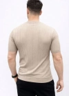 Erkek Kısa Kol Fitilli Triko Thirt Yazlık Hakim Yaka Tişört  Bej