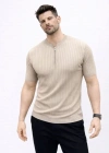 Erkek Kısa Kol Fitilli Triko Thirt Yazlık Hakim Yaka Tişört  Bej