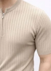 Erkek Kısa Kol Fitilli Triko Thirt Yazlık Hakim Yaka Tişört  Bej
