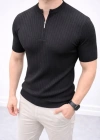 Erkek Kısa Kol Fitilli Triko Thirt Yazlık Hakim Yaka Tişört  iyah