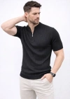 Erkek Kısa Kol Fitilli Triko Thirt Yazlık Hakim Yaka Tişört  iyah