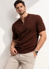 Erkek Kısa Kol Fitilli Triko Thirt Yazlık Hakim Yaka Tişört  Kahverengi