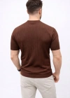Erkek Kısa Kol Fitilli Triko Thirt Yazlık Hakim Yaka Tişört  Kahverengi