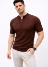 Erkek Kısa Kol Fitilli Triko Thirt Yazlık Hakim Yaka Tişört  Kahverengi