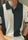 Erkek Kısa Kollu Polo Yakalı Blok Desenli Triko Tişört