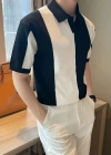 Erkek Kısa Kollu Polo Yakalı Blok Desenli Triko Bluz