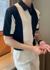 Erkek Kısa Kollu Polo Yakalı Blok Desenli Triko Bluz
