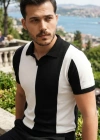 Erkek Kısa Kollu Polo Yakalı Blok Desenli Triko Bluz