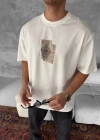 Erkek Ön Ve Arka Baskılı Oversize Bisiklet Yaka Tshirt  Beyaz