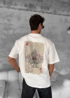 Erkek Ön Ve Arka Baskılı Oversize Bisiklet Yaka Tshirt  Beyaz