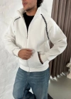 Erkek Oversize Dik Yaka Fermuarlı weatshirt  Zincir Nakışli Kanguru Cepli  Beyaz