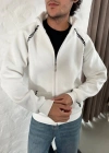 Erkek Oversize Dik Yaka Fermuarlı weatshirt  Zincir Nakışli Kanguru Cepli  Beyaz