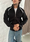 Erkek Oversize Dik Yaka Fermuarlı weatshirt  Zincir Nakışli Kanguru Cepli  iyah