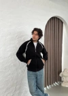 Erkek Oversize Dik Yaka Fermuarlı weatshirt  Zincir Nakışli Kanguru Cepli  iyah