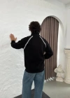 Erkek Oversize Dik Yaka Fermuarlı weatshirt  Zincir Nakışli Kanguru Cepli  iyah