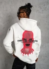 Erkek Oversize Üç İplik Kapüşonlu weatshirt – “Don’t Be Terrified” Ön, ırt Ve Kol Baskılı, Kanguru Cepli, Ribanalı Rahat odel  Beyaz