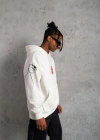 Erkek Oversize Üç İplik Kapüşonlu weatshirt – “Don’t Be Terrified” Ön, ırt Ve Kol Baskılı, Kanguru Cepli, Ribanalı Rahat odel  Beyaz