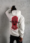Erkek Oversize Üç İplik Kapüşonlu weatshirt – “Don’t Be Terrified” Ön, ırt Ve Kol Baskılı, Kanguru Cepli, Ribanalı Rahat odel  Beyaz