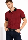 Erkek Polo Yaka Çizgili Tişört Kısa Kol Düğmeli Yazlık Thirt  Bordo