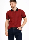 Erkek Polo Yaka Çizgili Tişört Kısa Kol Düğmeli Yazlık Thirt  Bordo