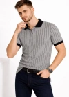 Erkek Polo Yaka Çizgili Tişört Kısa Kol Düğmeli Yazlık Thirt  Gri