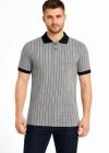 Erkek Polo Yaka Çizgili Tişört Kısa Kol Düğmeli Yazlık Thirt  Gri
