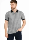 Erkek Polo Yaka Çizgili Tişört Kısa Kol Düğmeli Yazlık Thirt  Gri
