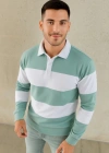 Erkek Polo Yaka Uzun Kollu Çizgili weatshirt Trend Rugby til  Çağla Yeşili