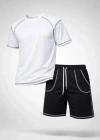 Erkek por Tişört Şort Takım Kontrast Dikiş Detaylı Ovarsize Rahat Kalıp  Beyaz