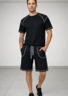 Erkek por Tişört Şort Takım Kontrast Dikiş Detaylı Ovarsize Rahat Kalıp  iyah