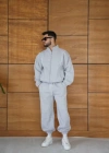 Erkek Premium Parçalı Eşofman Takım  Dik Yaka Fermuarlı Biyeli weatshirt astik Paça Alt, Oversize 3 Iplik Şardonlu  Gri