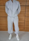 Erkek Premium Parçalı Eşofman Takım  Dik Yaka Fermuarlı Biyeli weatshirt astik Paça Alt, Oversize 3 Iplik Şardonlu  Gri