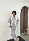 Erkek Premium Parçalı Eşofman Takım  Dik Yaka Fermuarlı weatshirt,  Gri