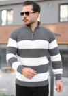 Erkek Şerit Renk Desenli Zip Yaka Kazak