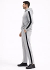 Erkek Şeritli Eşofman Takım Kapüşonlu weatshirt Boru Paça Alt, Oversize 3 Iplik Pamuklu  Gri
