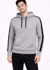 Erkek Şeritli Kapüşonlu weatshirt Oversize 3 Iplik Pamuklu  Gri