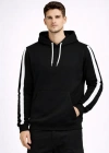 Erkek Şeritli Kapüşonlu weatshirt Oversize 3 Iplik Pamuklu  iyah