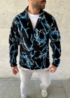 Erkek Tam Fermuarlı Desenli Polar weat ightning Desen Yakalı, Uzun Kollu, Oversize Rahat Kalıp  iyah