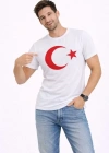 Erkek Thirt Kısa Kol Bisiklet Yaka Ay Yıldız Bayrak Baskılı Tişört  Beyaz