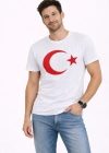 Erkek Thirt Kısa Kol Bisiklet Yaka Ay Yıldız Bayrak Baskılı Tişört  Beyaz