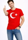 Erkek Thirt Kısa Kol Bisiklet Yaka Ay Yıldız Bayrak Baskılı Tişört  Kırmızı