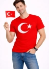 Erkek Thirt Kısa Kol Bisiklet Yaka Ay Yıldız Bayrak Baskılı Tişört  Kırmızı