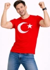Erkek Thirt Kısa Kol Bisiklet Yaka Ay Yıldız Bayrak Baskılı Tişört  Kırmızı