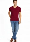 Erkek Thirt V Yaka lim Fit Dar Kesim ikralı Tişört Günlük Basic Body  Bordo